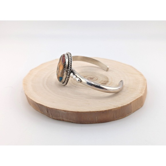 Navajo Handmade Cuff Bracelet Mohave Slab Turquoise Signed w Silver Band 6.5‎ ** - Picture 7 of 10